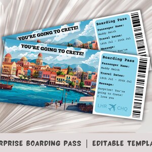 Carte d'embarquement en Crète, voyage surprise en Crète, modèle de carte d'embarquement surprise, billet d'avion à imprimer, voyage en Grèce, îles grecques, Héraklion