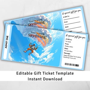 Skydiving Gift Ticket, Skydiving Gift Voucher, Surprise Ticket Reveal, Skydiving Coupon, Experience Coupon, Ticket Template, Gift Certificat