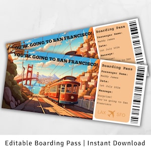 Carte d'embarquement pour San Francisco, voyage surprise à San Francisco, billet d'avion, modèle de carte d'embarquement surprise, carte d'embarquement à imprimer