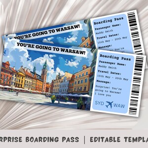 Boarding Pass Warsaw, Surprise Trip to Warsaw, Surprise Boarding Pass Template, Trip to Poland, Printable Boarding Pass, Flight Ticket