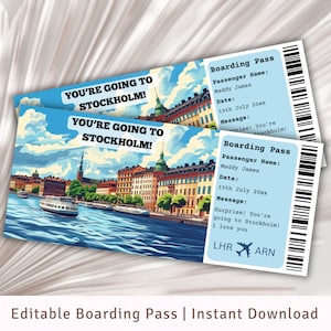 Carte d'embarquement pour Stockholm, Modèle de carte d'embarquement surprise, voyage à Stockholm, carte d'embarquement imprimable, billet d'avion, voyage en Suède, voyage en Europe