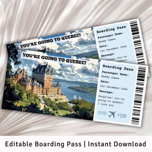 Carte d'embarquement pour le Québec, modèle de carte d'embarquement surprise, voyage au Québec, carte d'embarquement imprimable, voyage au Canada, billet d'avion