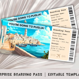 Carte d'embarquement pour les Pouilles, modèle de carte d'embarquement surprise, voyage en Italie, carte d'embarquement imprimable, billet d'avion, voyage dans les Pouilles, Bari, Lecce
