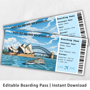 Carte d'embarquement pour Sydney, voyage surprise à Sydney, modèle de carte d'embarquement surprise, vous allez à Sydney, billet d'avion, voyage en Australie