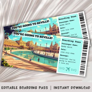 Carta d'imbarco Siviglia, Modello di carta d'imbarco a sorpresa, Viaggio a Siviglia, Carta d'imbarco stampabile, Sorpresa a Siviglia, Viaggio in Spagna, Viaggio in Europa