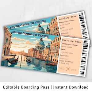 Instapkaart Venetië, Surprise Trip naar Venetië, Surprise Boarding Pass-sjabloon, Je gaat naar Venetië, Afdrukbaar vliegticket, Reis Italië