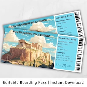 Carte d'embarquement pour Athènes, voyage surprise à Athènes, modèle de carte d'embarquement surprise, vous allez à Athènes, impression de la carte d'embarquement, billet d'avion