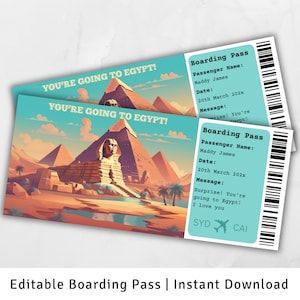 Tarjeta de embarque para Egipto, viaje sorpresa a Egipto, billete de avión, plantilla de tarjeta de embarque sorpresa, tarjeta de embarque imprimible, viaje sorpresa a El Cairo