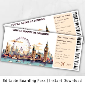 Cartão de embarque Londres, Viagem surpresa para Londres, Modelo de cartão de embarque surpresa, Cartão de embarque para impressão, Passagem aérea, Cartão de embarque presente
