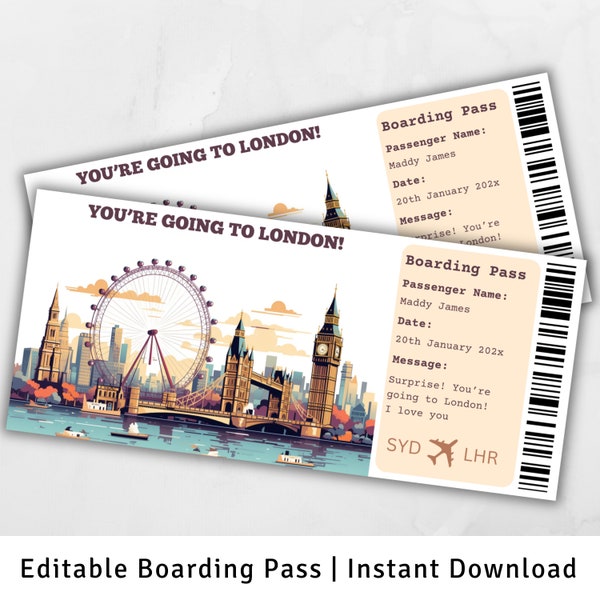 Bordkarte London, Überraschungsreise nach London, Überraschungs-Bordkarte, druckbare Bordkarte, Flugticket, Bordkarte Geschenk