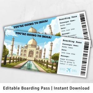 Carte d'embarquement en Inde, voyage surprise en Inde, modèle de carte d'embarquement surprise, vous allez en Inde, carte d'embarquement imprimable, billet d'avion