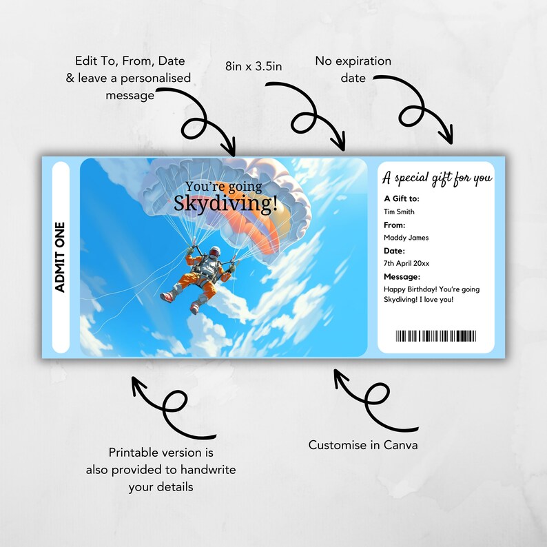 Skydiving Gift Ticket, Skydiving Gift Voucher, Surprise Ticket Reveal