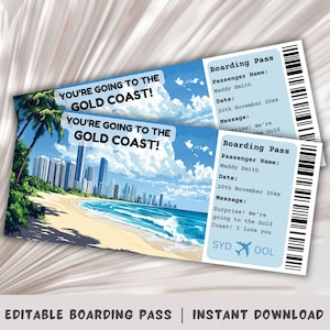 Carte d'embarquement pour la Gold Coast, Modèle de carte d'embarquement, Vous allez à Gold Coast, Billet d'avion, Voyage en Australie, Surfers Paradise, Queensland