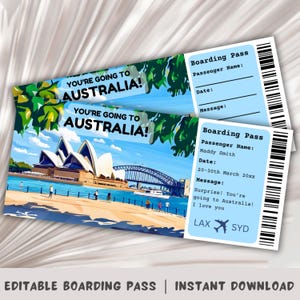 Carte d'embarquement pour l'Australie, voyage surprise en Australie, modèle imprimable, vous allez en Australie, billet d'avion, Sydney, Melbourne, Perth