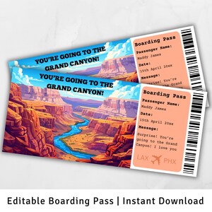 Carte d'embarquement pour le Grand Canyon, modèle de carte d'embarquement surprise, voyage dans le Grand Canyon, carte d'embarquement imprimable, voyage aux États-Unis, Nevada, billet d'avion