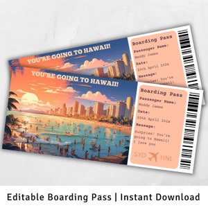 Carte d'embarquement pour Hawaï, voyage surprise à Hawaï, modèle de carte d'embarquement surprise, vous allez à Hawaï, billet d'avion imprimable, Honolulu