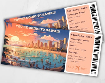 May include: Two boarding passes with a Hawaiian beach scene, text "YOU'RE GOING TO HAWAII!" and passenger details. The passes have a peach-colored background with black text and a barcode. The bottom of the passes show the airport codes SYD and HNL.