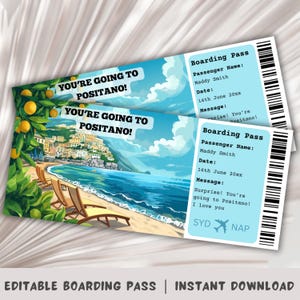 Boarding Pass Positano, Modèle de carte d'embarquement surprise, voyage à Positano, carte d'embarquement imprimable, billet d'avion, voyage en Italie, côte amalfitaine