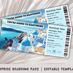 Carte d'embarquement pour Santorin, voyage surprise à Santorin, modèle de carte d'embarquement surprise, billet d'avion à imprimer, voyage en Grèce, îles grecques