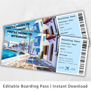 Carte d'embarquement Mykonos, voyage surprise à Mykonos, modèle de carte d'embarquement surprise, vous allez à Mykonos, billet d'avion imprimable, Grèce