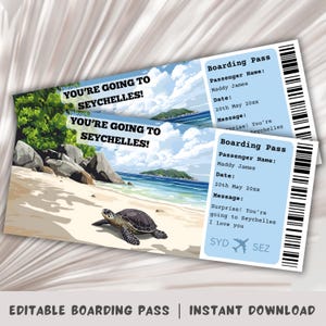 Carte d'embarquement pour les Seychelles, modèle de carte d'embarquement surprise, voyage aux Seychelles, carte d'embarquement imprimable, billet d'avion, île de Mahé, La Digue