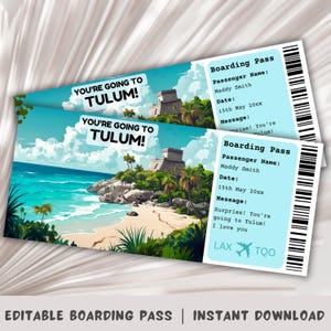 Boarding Pass Tulum, Surprise Trip to Tulum, Surprise Boarding Pass Template, You&#39;re going to Tulum, Mexico Trip, Chichen Itza, Mayan Ruins