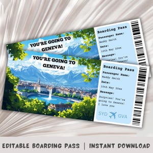 Carte d'embarquement à Genève, voyage surprise en Suisse, modèle d'embarquement surprise, embarquement à imprimer, billet d'avion, voyage à Genève, impression de voyage