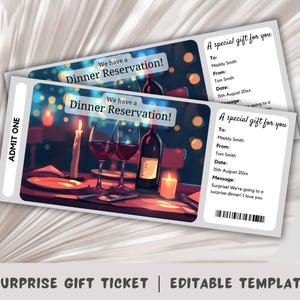 Billet-cadeau de réservation pour le dîner, Chèque-cadeau pour le dîner, Révélation de billet surprise, Modèle de billet surprise, Ticket de restaurant surprise, Coupon