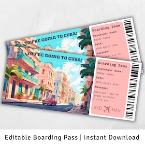 Carte d'embarquement à Cuba, voyage surprise à Cuba, voyage à La Havane, billet d'avion, modèle d'embarquement surprise, vous allez à Cuba, embarquement imprimable
