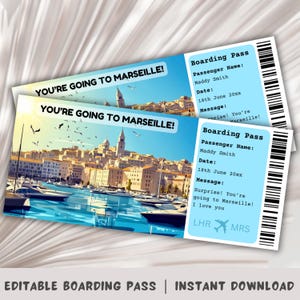 Carte d'embarquement Marseille, voyage surprise à Marseille, modèle d'embarquement surprise, vous allez à Marseille, billet d'avion, voyage en France