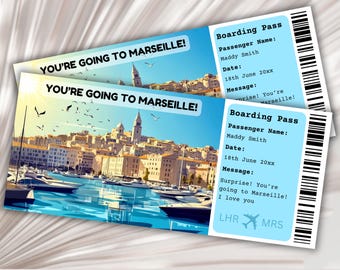Tarjeta de Embarque Marsella, Viaje Sorpresa Marsella, Plantilla de Embarque Sorpresa, Vas a Marsella, Billete de Avión, Viaje a Francia