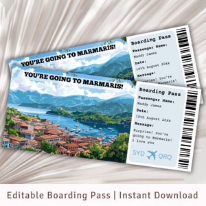 Carte d'embarquement Marmaris, voyage surprise à Marmaris, modèle de carte d'embarquement surprise, cadeau carte d'embarquement, billet d'avion, voyage en Turquie