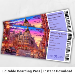 Carte d'embarquement pour Madrid, voyage surprise en Espagne, modèle de carte d'embarquement surprise, vous allez à Madrid, imprimable, billet d'avion
