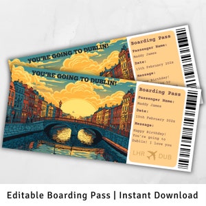 Carte d'embarquement pour Dublin, voyage surprise à Dublin, modèle de carte d'embarquement surprise, carte d'embarquement imprimable, billet d'avion, billet cadeau, Irlande