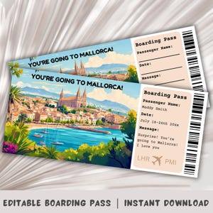 Carte d'embarquement Majorque, Modèle de carte d'embarquement surprise, Vous allez à Majorque, Billet imprimable, Voyage en Espagne, Voyage en Europe, Majorque