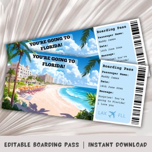 Carta d'imbarco Florida, Modello di carta d'imbarco a sorpresa, Viaggio in Florida, Imbarco stampabile, Biglietto aereo, Miami, Fort Lauderdale, Orlando