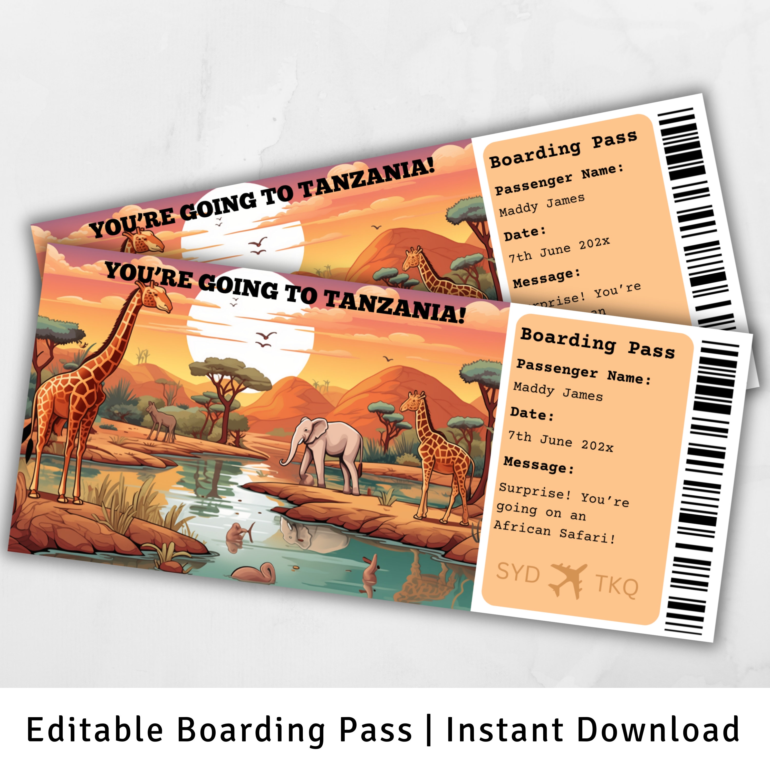 Boarding Pass Tanzania, Surprise Trip to Tanzania, Printable