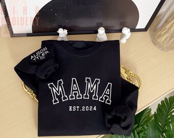 Benutzerdefinierte MAMA gesticktes Sweatshirt, Kindernamen auf dem Ärmel, Geschenk für Mama, Muttertagsgeschenk, Erwartete Mama Geschenk, Geschenk für neue Mama