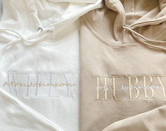 Custom Embroidered Anniversary Sweatshirt Hoodie, Embroidery Wifey Hubby Couple Hoodie, Beige Khaki Sweatshirt, Custom last name Sweatshirt