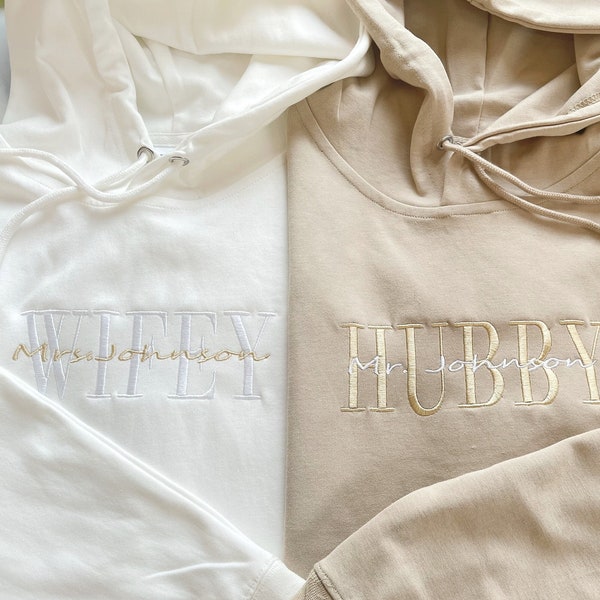 Custom Embroidered Anniversary Sweatshirt Hoodie, Embroidery Wifey Hubby Couple Hoodie, Beige Khaki Sweatshirt, Custom last name Sweatshirt