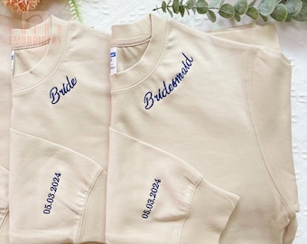 Custom Embroidered Bride Sweatshirt, Personalized Bride Sweater, Date On Sleeve, Name On Neckline, Engagement Gift for Bridemaid,Bride To Be