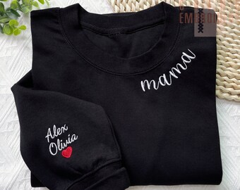 Sudadera personalizada de mamá con nombres de niños en la manga, regalo del Día de las Madres, regalo de cumpleaños para mamá, regalo de nueva mamá, suéter minimalista de mamá fresca