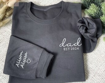 Personalized Embroidery Dad Sweatshirt, Name On Sleeve With Heart, Dad Shirt With Date, Custom Dad Est Hoodie, Gift For New Dad,