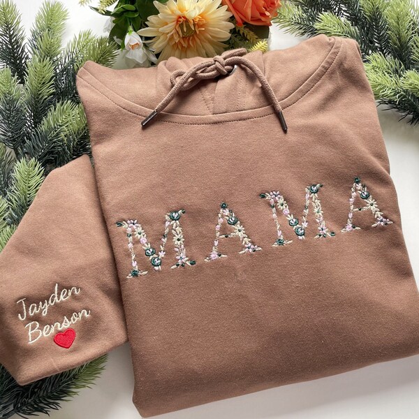 Embroidered Floral Letter MAMA Hoodie Crewneck, Embroidery sweatshirt, Gift for mother,Mama Patch Sweatshirt