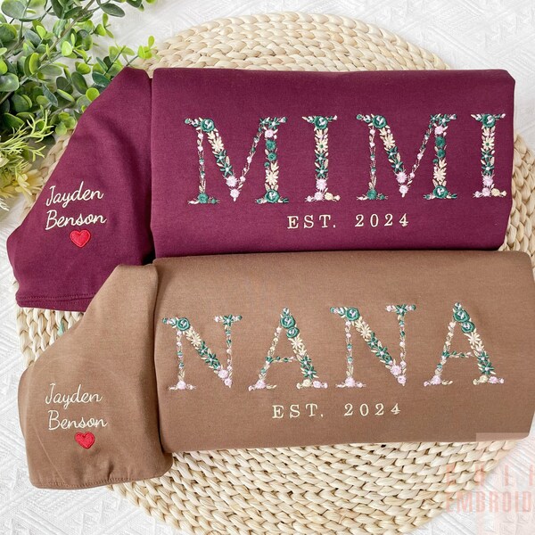 Benutzerdefinierte Nana gesticktes Sweatshirt, personalisiertes Sweatshirt mit dem Namen des Kindes auf dem Ärmel, florales Nana-Shirt, Geburtstagsgeschenk, Muttertagsgeschenk