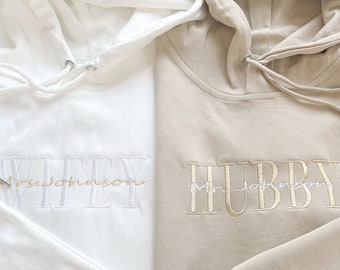 Aangepaste geborduurde verjaardag sweatshirt hoodie, borduurwerk Wifey Hubby paar hoodie, beige kaki sweatshirt, aangepaste achternaam sweatshirt