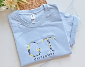 Embroidered Floral Letter University T-Shirt,Custom Embroidered T-shirt,Gift for Her,Flower Letter College T-Shirt,High School T-Shirt Gift