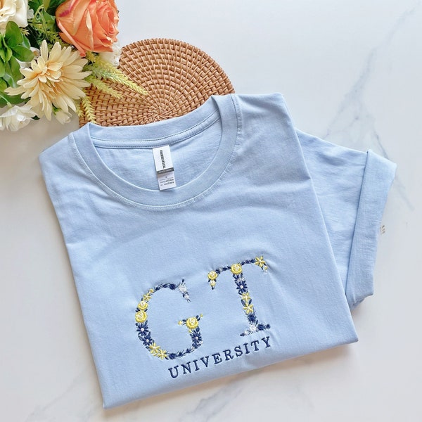 Embroidered Floral Letter University T-Shirt,Custom Embroidered T-shirt,Gift for Her,Flower Letter College T-Shirt,High School T-Shirt Gift