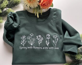 Wildflowers Geborduurde Ronde Hals Bloem Sweatshirt Bloemen Sweatshirt Botanische Sweatshirt Plant Sweatshirt Natuur Sweatshirt