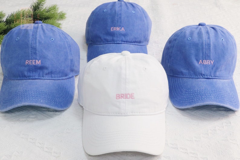 Cappello ricamato personalizzato per sposa e squadra, cappello da baseball da sposa, cappelli da baseball da addio al nubilato, berretto da sposa, berretto da sposa, cappello da ragazza immagine 1